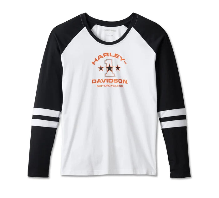 Harley-Davidson® Women's First-Class Long Sleeve Raglan Top - Colorblock - Bright White & Harley Black