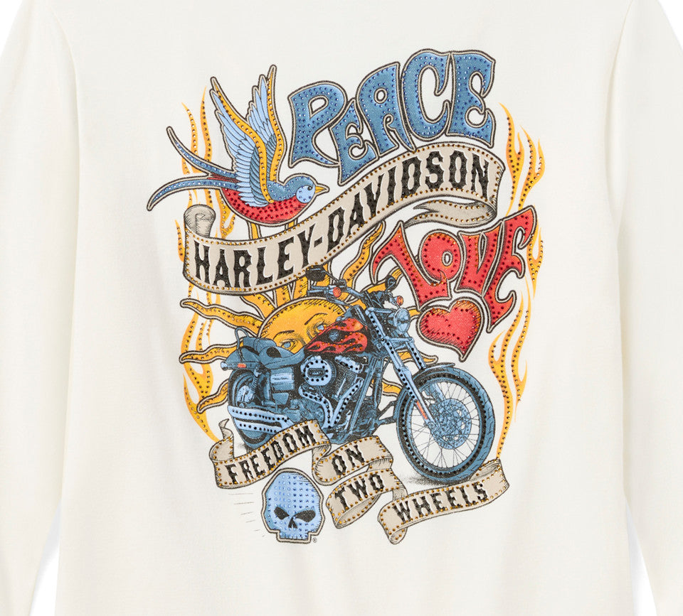 Harley-Davidson® Women's Bling Freedom on Wheels Long Sleeve Rip & Repair Crew Tee - Cloud Dancer