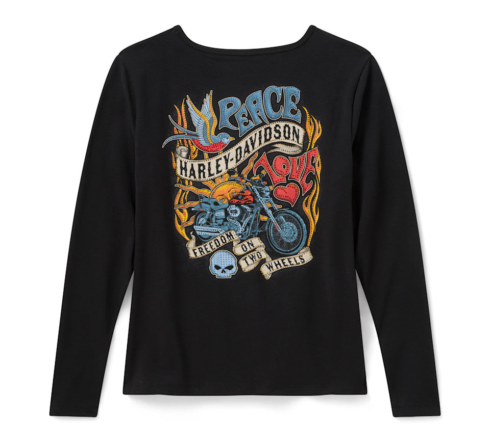 Harley-Davidson® Women's Bling Freedom on Wheels Long Sleeve Rip & Repair Crew Tee - Harley Black