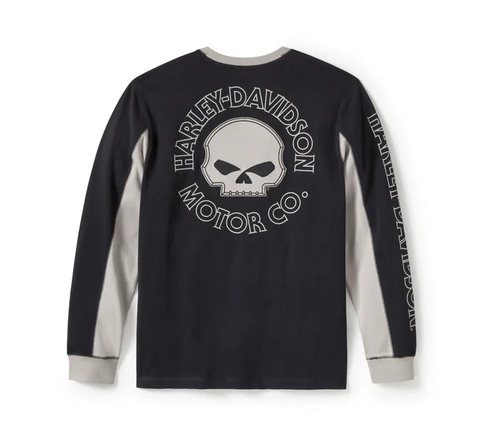Harley-Davidson® Men's Willie G Skull Colorblock Long Sleeve Tee - Colorblock - Harley Black & Ghost Grey
