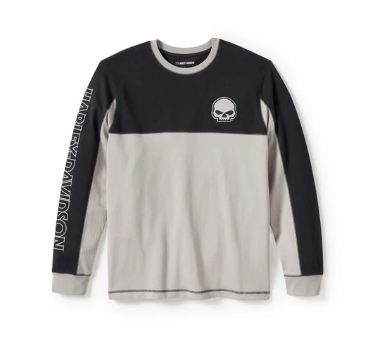 Harley-Davidson® Men's Willie G Skull Colorblock Long Sleeve Tee - Colorblock - Harley Black & Ghost Grey