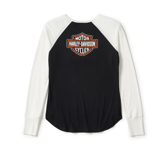 Harley-Davidson® Women's Essential Arched Font Long Sleeve Raglan - Colorblock - Harley Black & Cloud Dancer