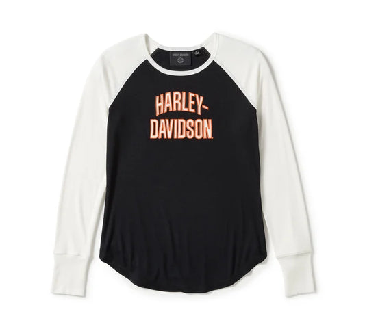 Harley-Davidson® Women's Essential Arched Font Long Sleeve Raglan - Colorblock - Harley Black & Cloud Dancer