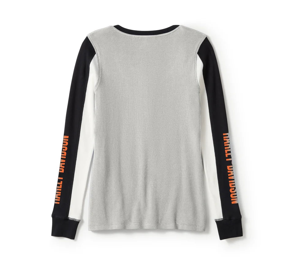 Harley-Davidson® Women's Essential Henley - Colorblock - Light Grey Heather & Harley Black