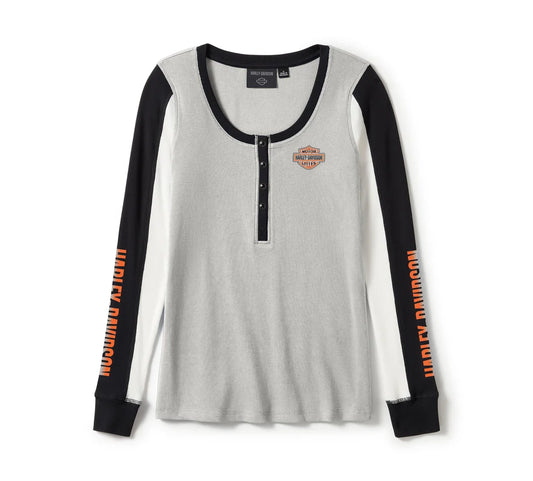 Harley-Davidson® Women's Essential Henley - Colorblock - Light Grey Heather & Harley Black