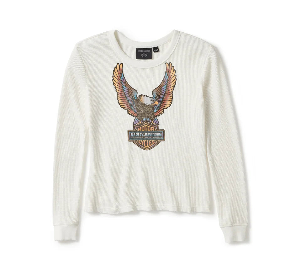Harley-Davidson® Women's Neon Eagle Distressed Waffle Knit Long Sleeve - Cloud Dancer