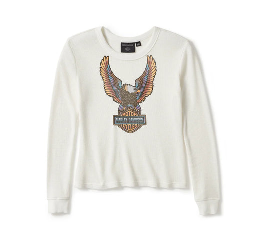 Harley-Davidson® Women's Neon Eagle Distressed Waffle Knit Long Sleeve - Cloud Dancer