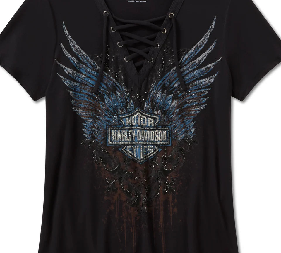 Harley-Davidson® Women's Bling Dark Angel Short Sleeve Laced Front Tee - Harley Black