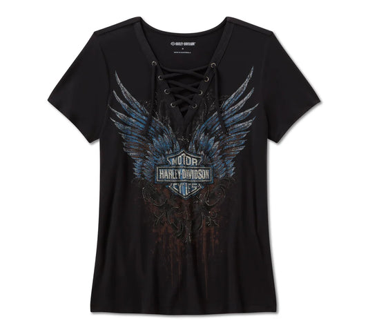 Harley-Davidson® Women's Bling Dark Angel Short Sleeve Laced Front Tee - Harley Black