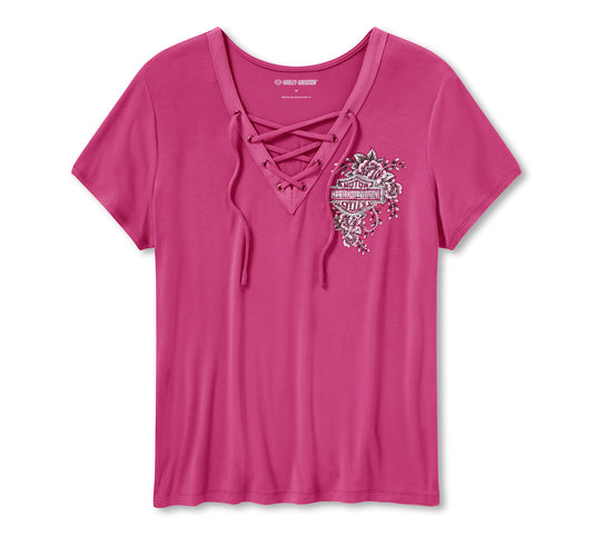 Harley-Davidson® Women's Bling Angel Wings Short Sleeve Laced Front Tee - Fuchsia