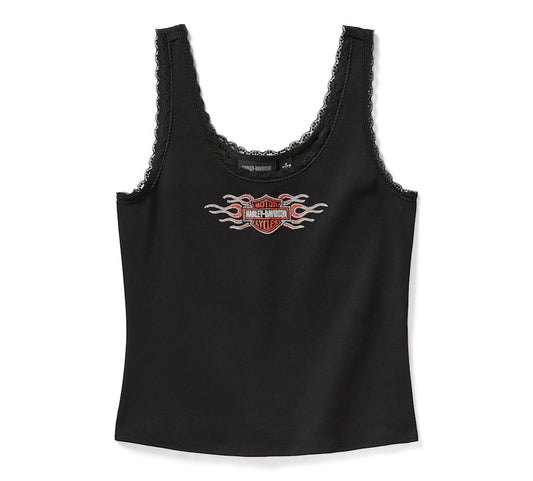 Harley-Davidson® Women's Vintage Flames Bling Lace Trim Tank - Harley Black