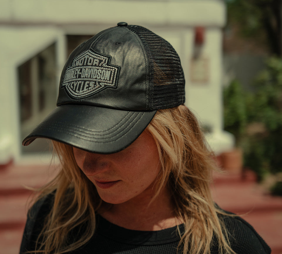 Harley-Davidson® Women's Bling Bar & Shield Leather Trucker Cap