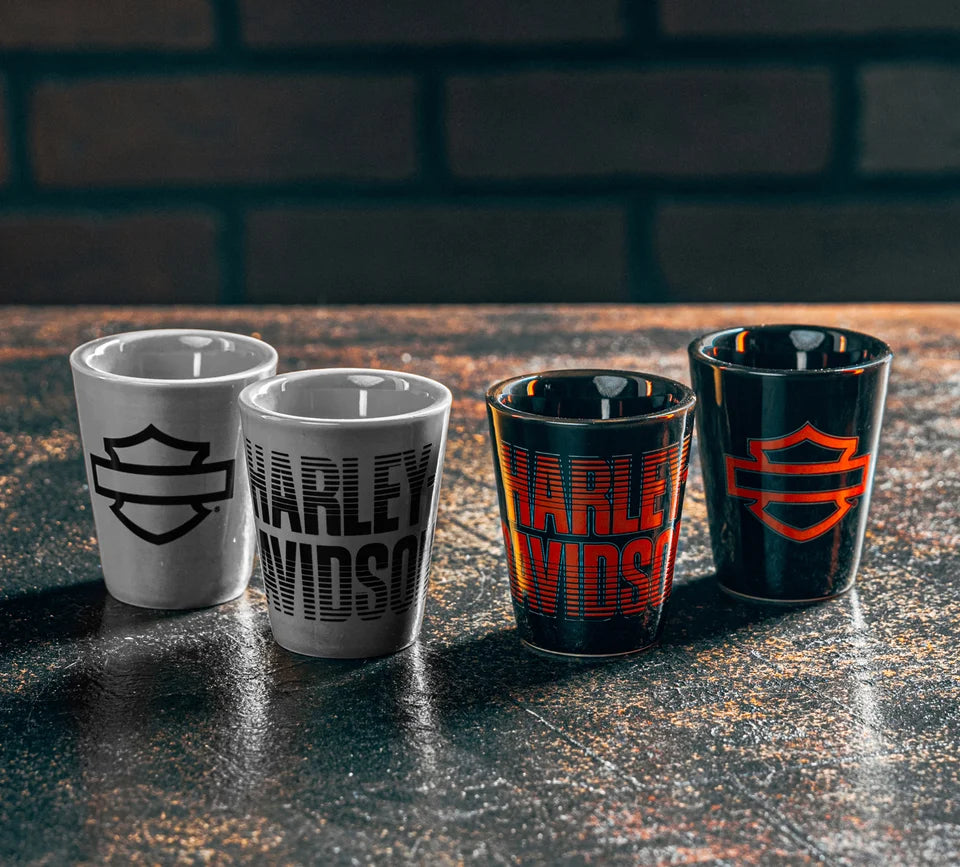 Harley-Davidson® 2 oz. Open Bar & Shield Fade Ceramic Shot Glass Set - Set of Four