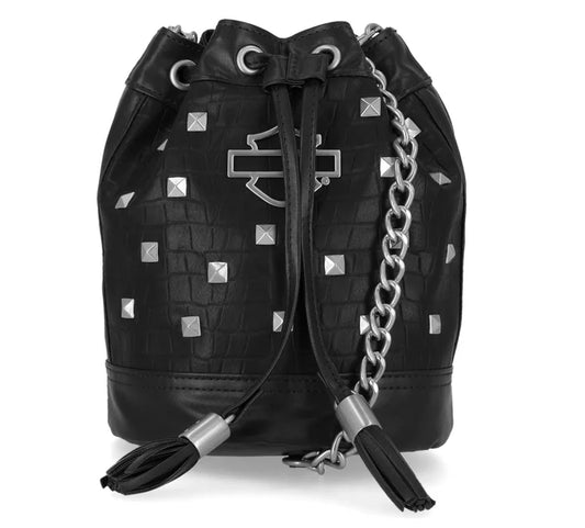 Harley-Davidson® Women's Metal Bar & Shield Logo Croco Drawstring Purse - Black