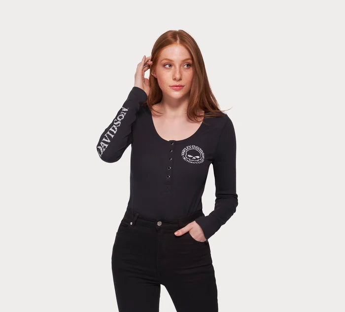 Harley-Davidson® Women's Willie G Skull Snap Front Long Sleeve Henley - Black Beauty