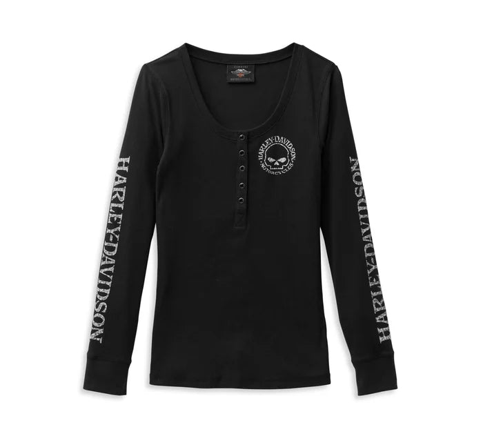 Harley-Davidson® Women's Willie G Skull Snap Front Long Sleeve Henley - Black Beauty