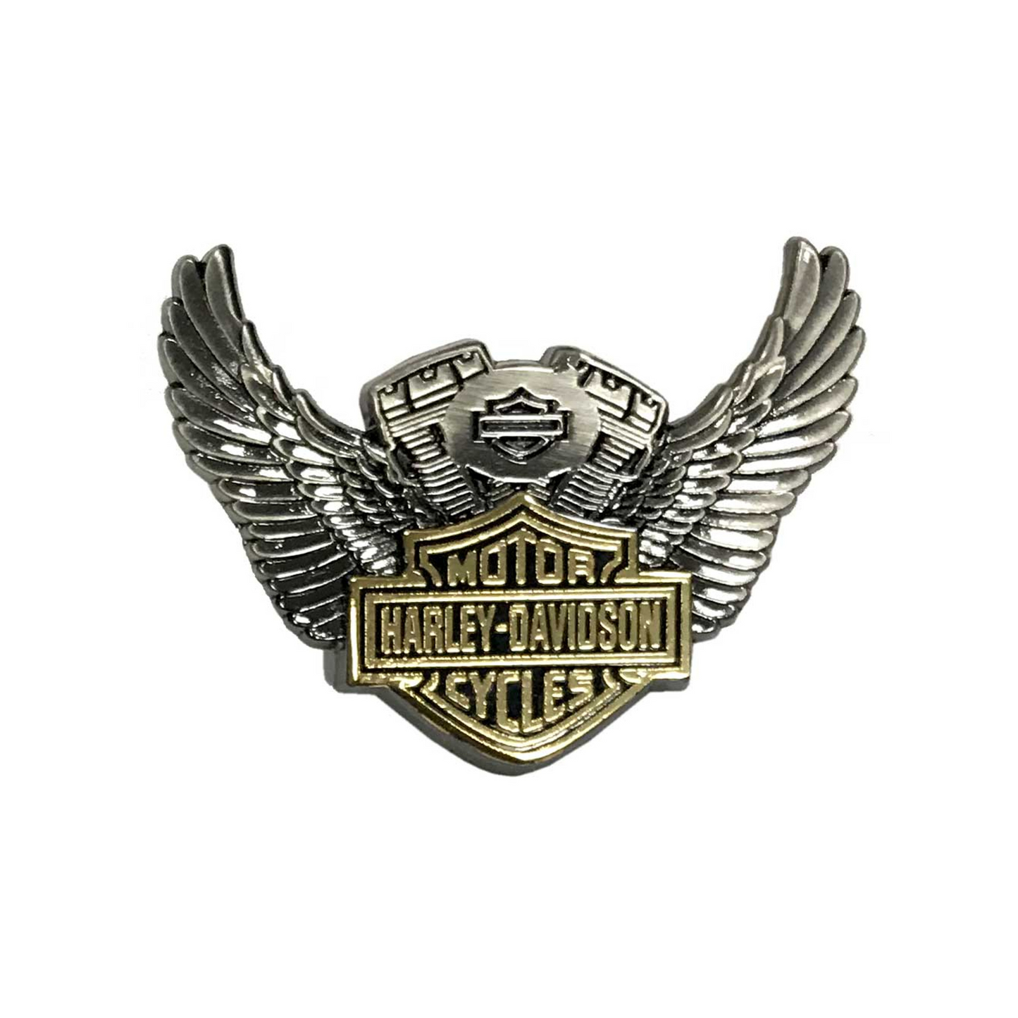 Harley-Davidson® 1.5 inch Bar & Shield Winged Motor Pin - Antique Finish