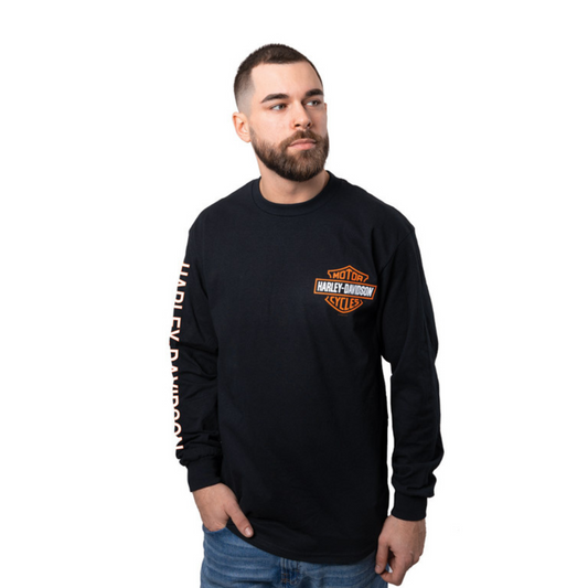 Gasoline Alley Harley-Davidson® Left Chest Bar & Shield Long Sleeve Dealer Tee – Black