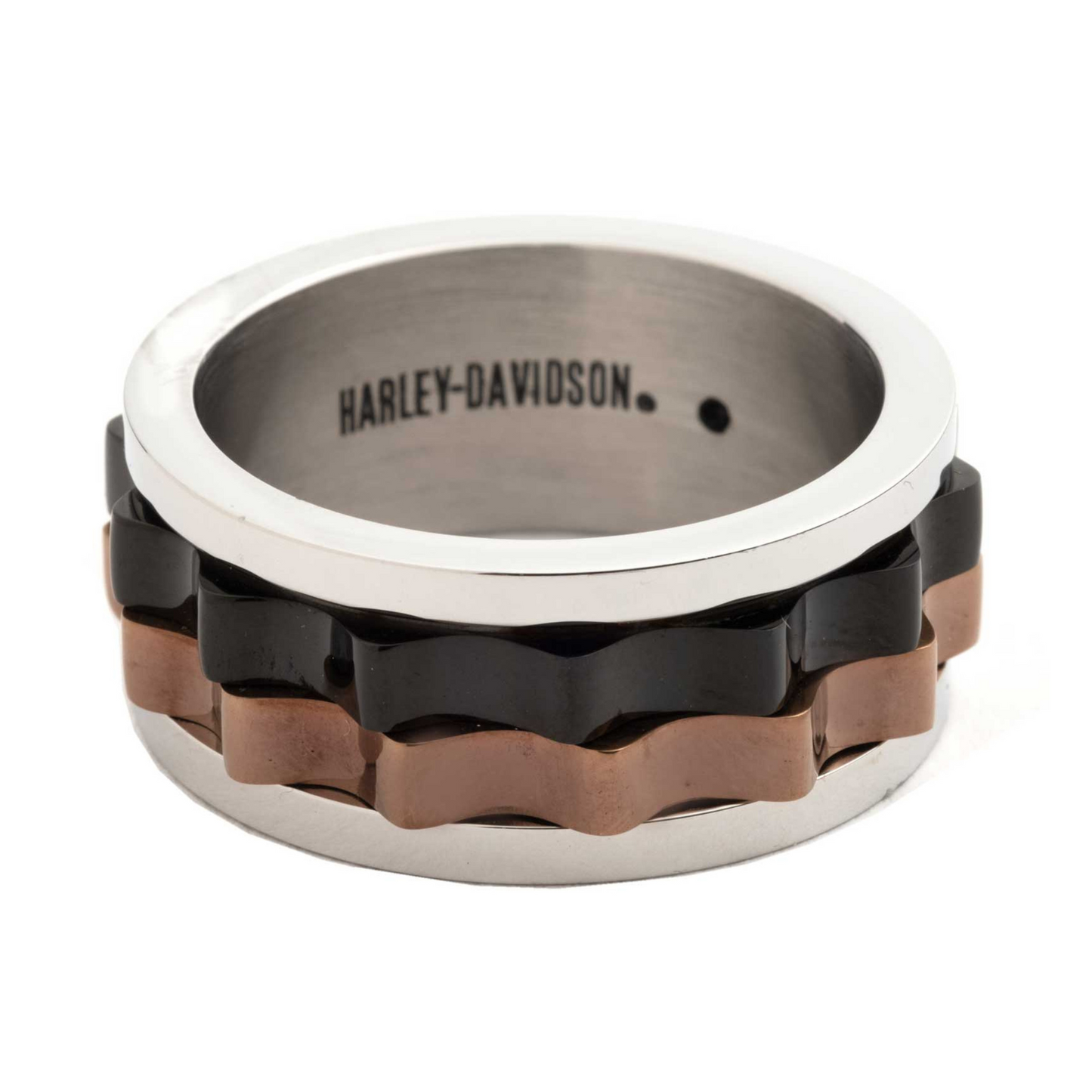 Harley-Davidson® Men's Curved Tri Tone Stack Ring - Stainless Steel - Black/Brown
