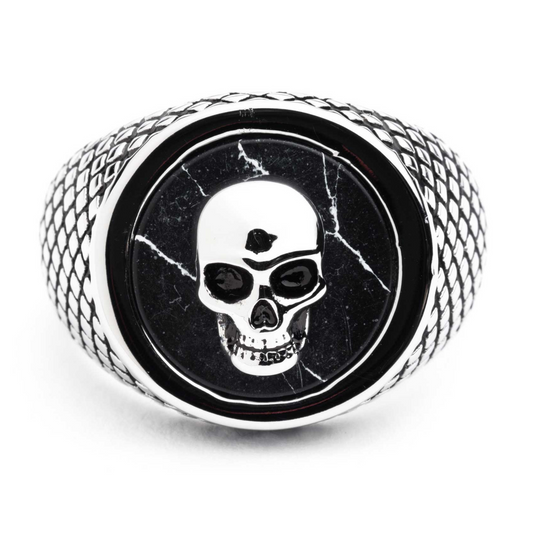 Harley-Davidson® Men's Black Circle Skull Head Ring - Silver Stainless Steel