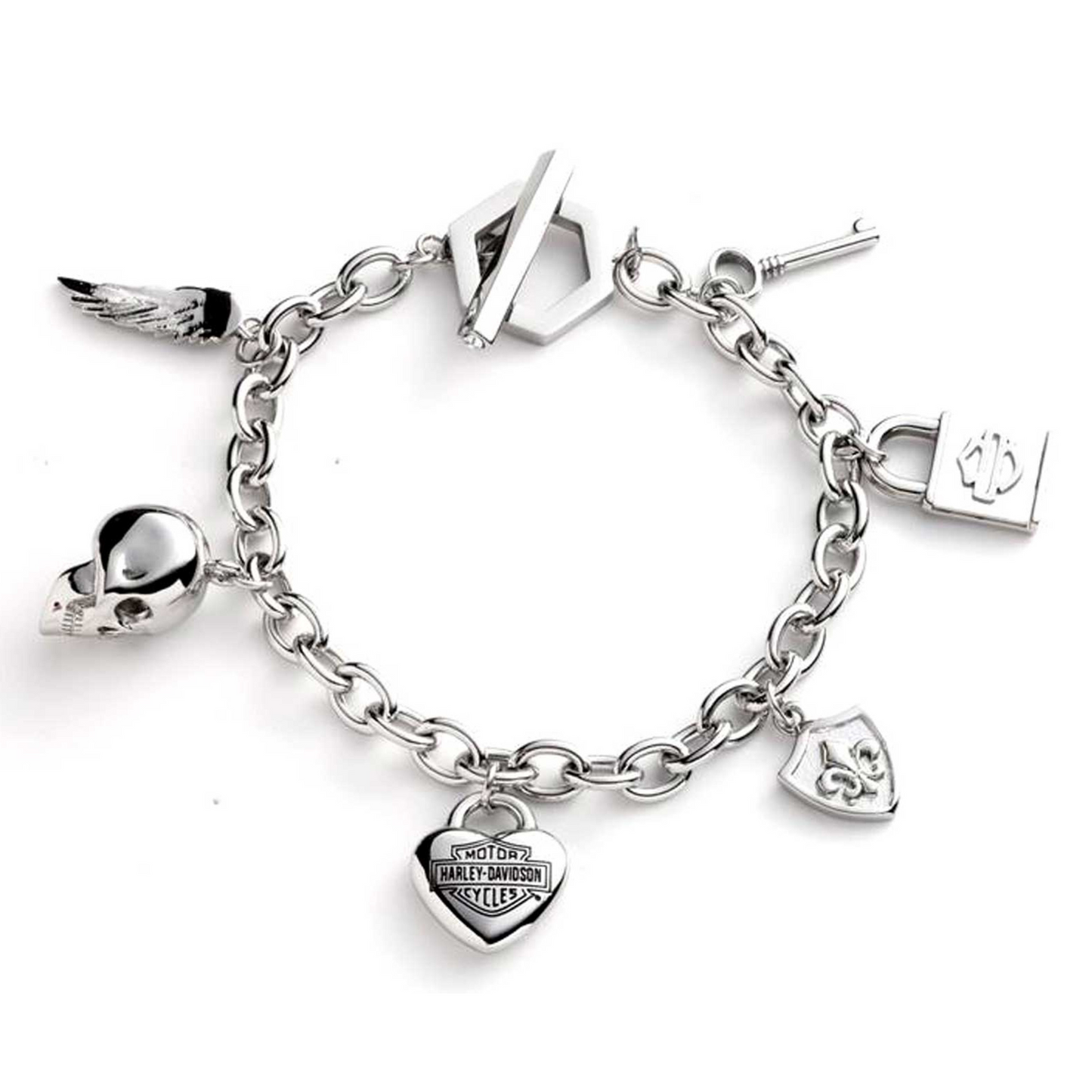Harley-Davidson® Women's 7.5 in. Logo & Motif Charm Toggle Bracelet - Silver