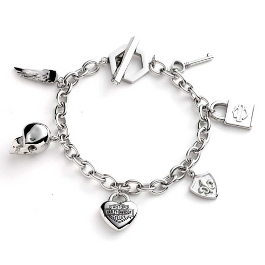 Harley-Davidson® Women's 7.5 in. Logo & Motif Charm Toggle Bracelet - Silver