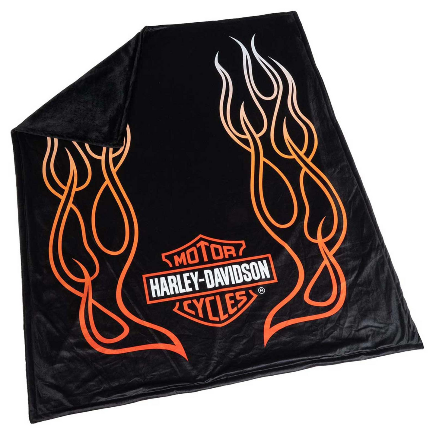 Harley-Davidson® Flames Bar & Shield Fleece Blanket w/ Sherpa Backing - Black