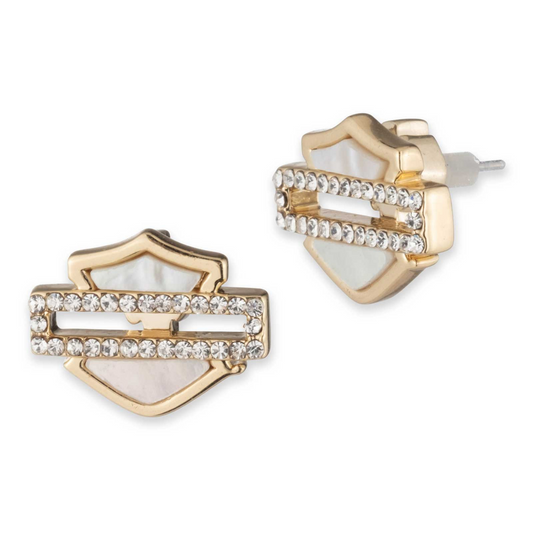 Harley-Davidson® Women's Mother of Pearl Bar & Shield Stud Earrings - Gold Plated