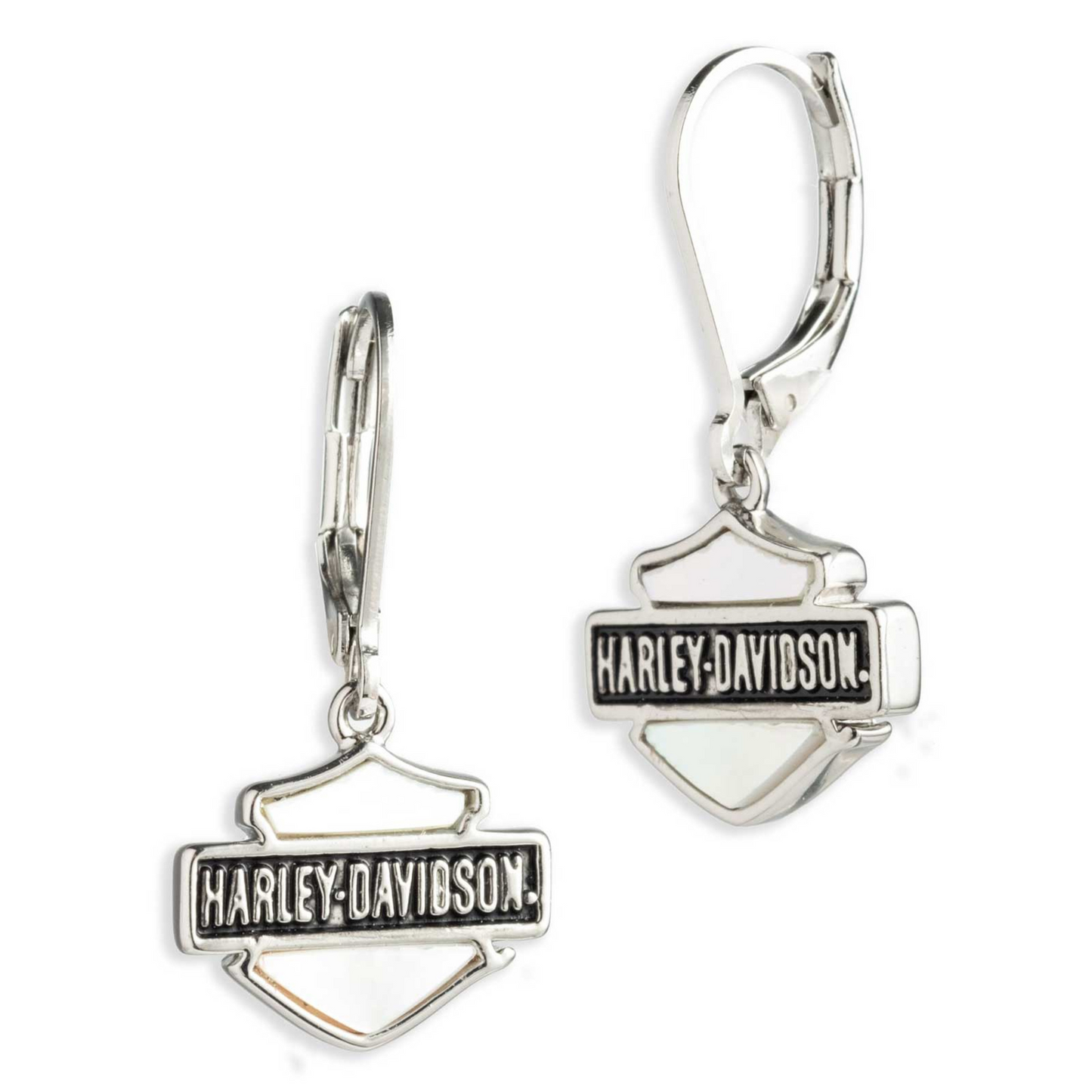 Harley-Davidson® Women's Mother of Pearl Bar & Shield Drop Earrings – Silver
