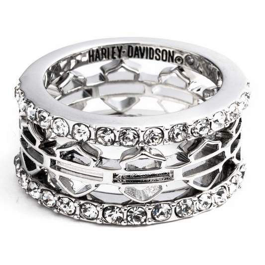 Harley-Davidson® Women's Set of 3 Pave Bar & Shield Logo Stackable Rings - Silver