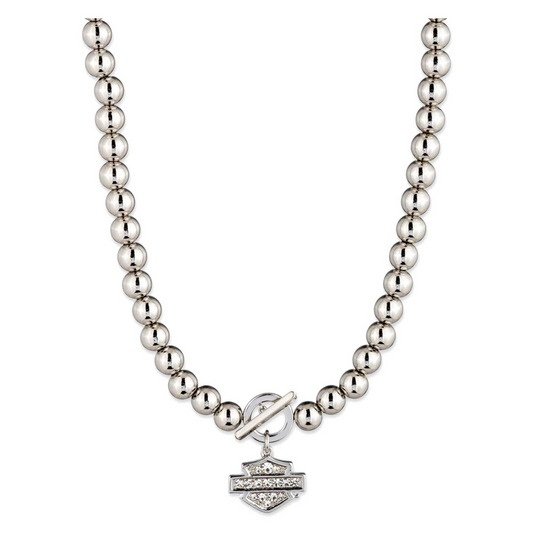Harley-Davidson® Women's 16 in. Crystal Bar & Shield Bead Toggle Necklace - Silver