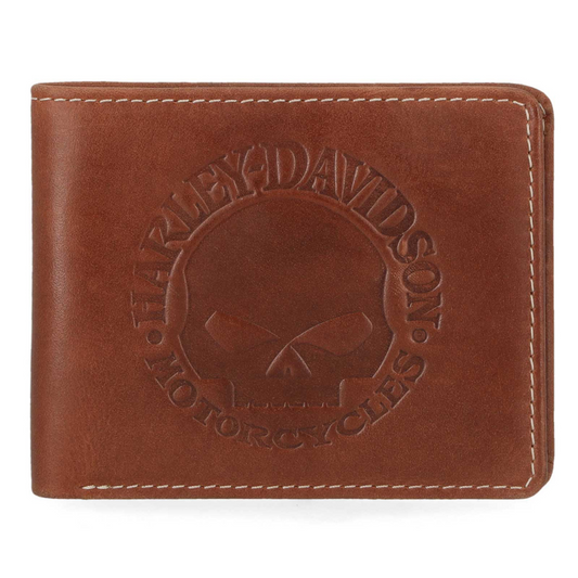 Harley-Davidson® Men's Embossed Willie G Skull Bi-Fold Leather Wallet - Brown