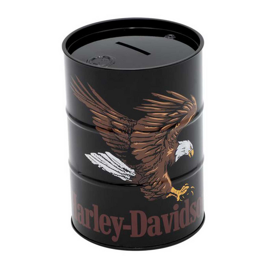 Harley-Davidson® Swooping Eagle Oil Barrel Tin Bank w/ Removable Lid - Black