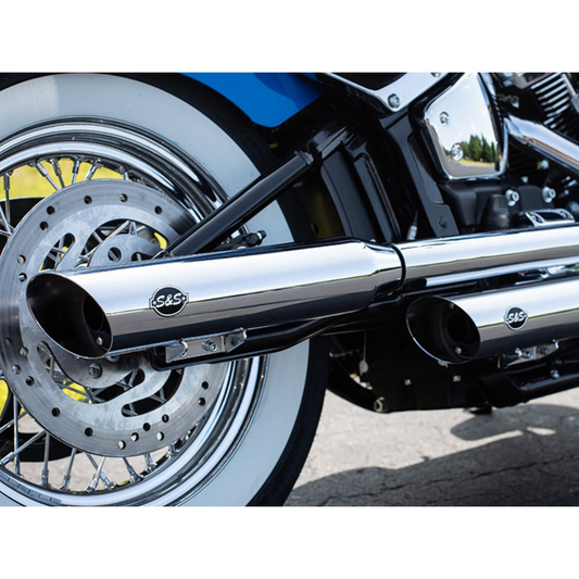 S&S - 3-1/2in. Slash Cut Slip-On Mufflers – Chrome. Fits Deluxe & Heritage Classic 2018up.