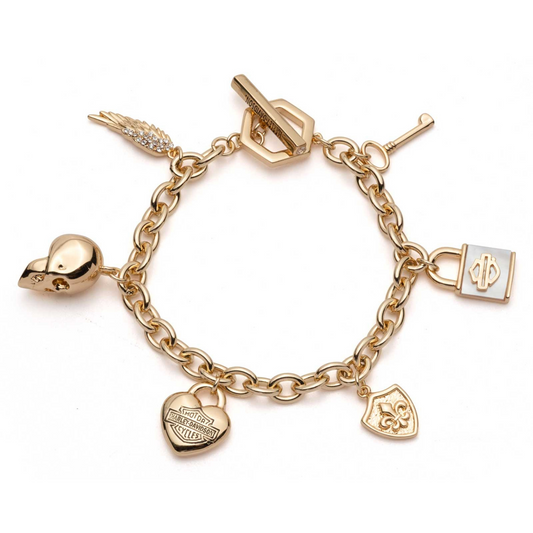 Harley-Davidson® Women's Mother of Pearl Logo Charm Toggle Bracelet - Gold Brass