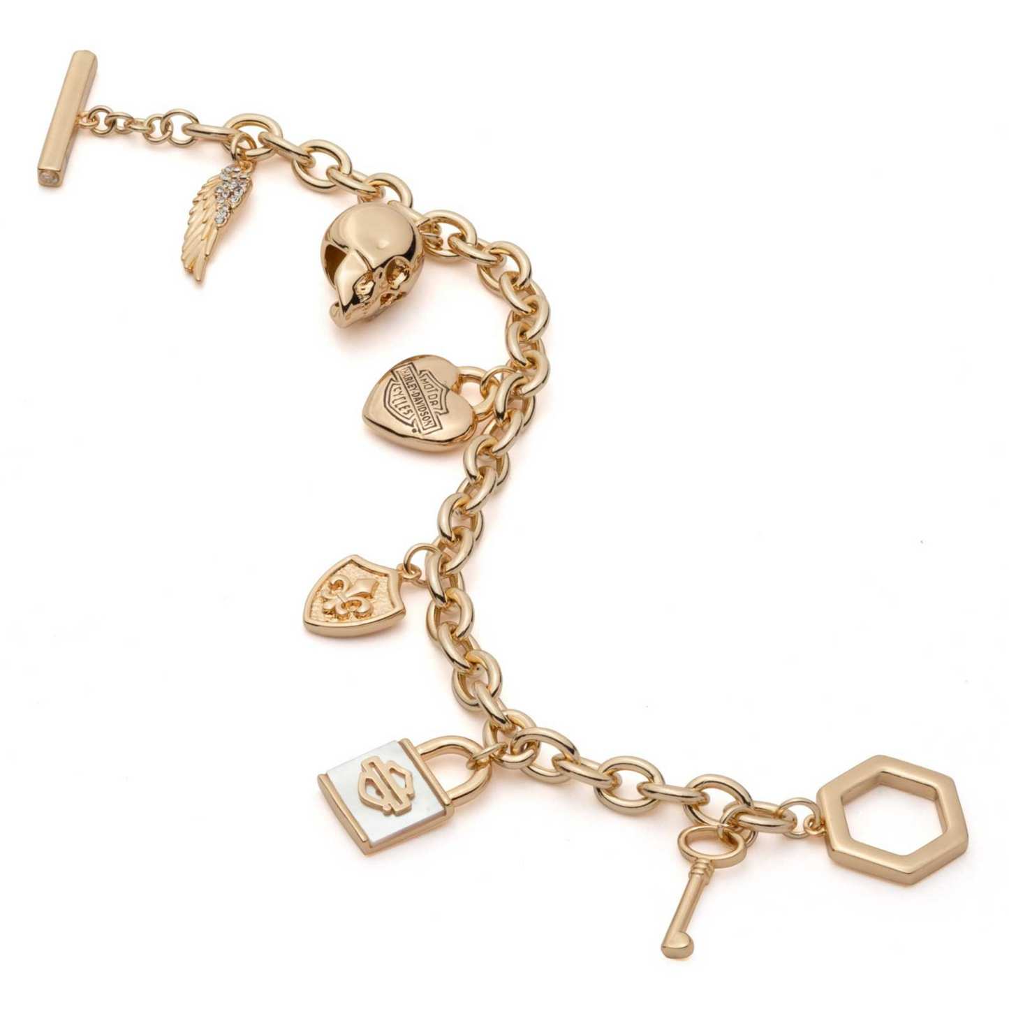Harley-Davidson® Women's Mother of Pearl Logo Charm Toggle Bracelet - Gold Brass