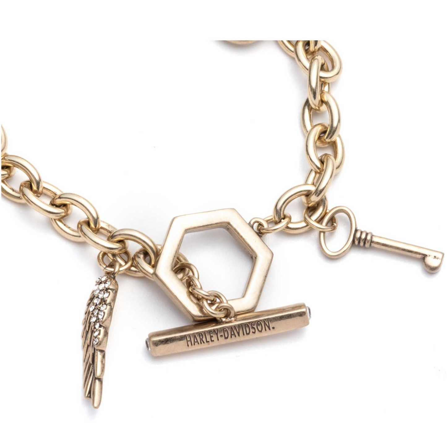 Harley-Davidson® Women's Mother of Pearl Logo Charm Toggle Bracelet - Gold Brass