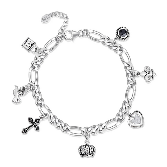 Stationed Charm Bracelet on Figaro Chain - 7.5"