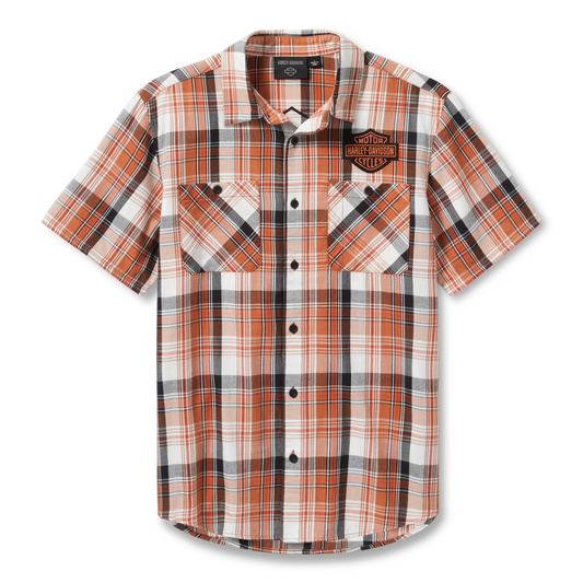 Harley-Davidson® Men's Bar & Shield Short Sleeve Shirt Plaid - Orange & Tan