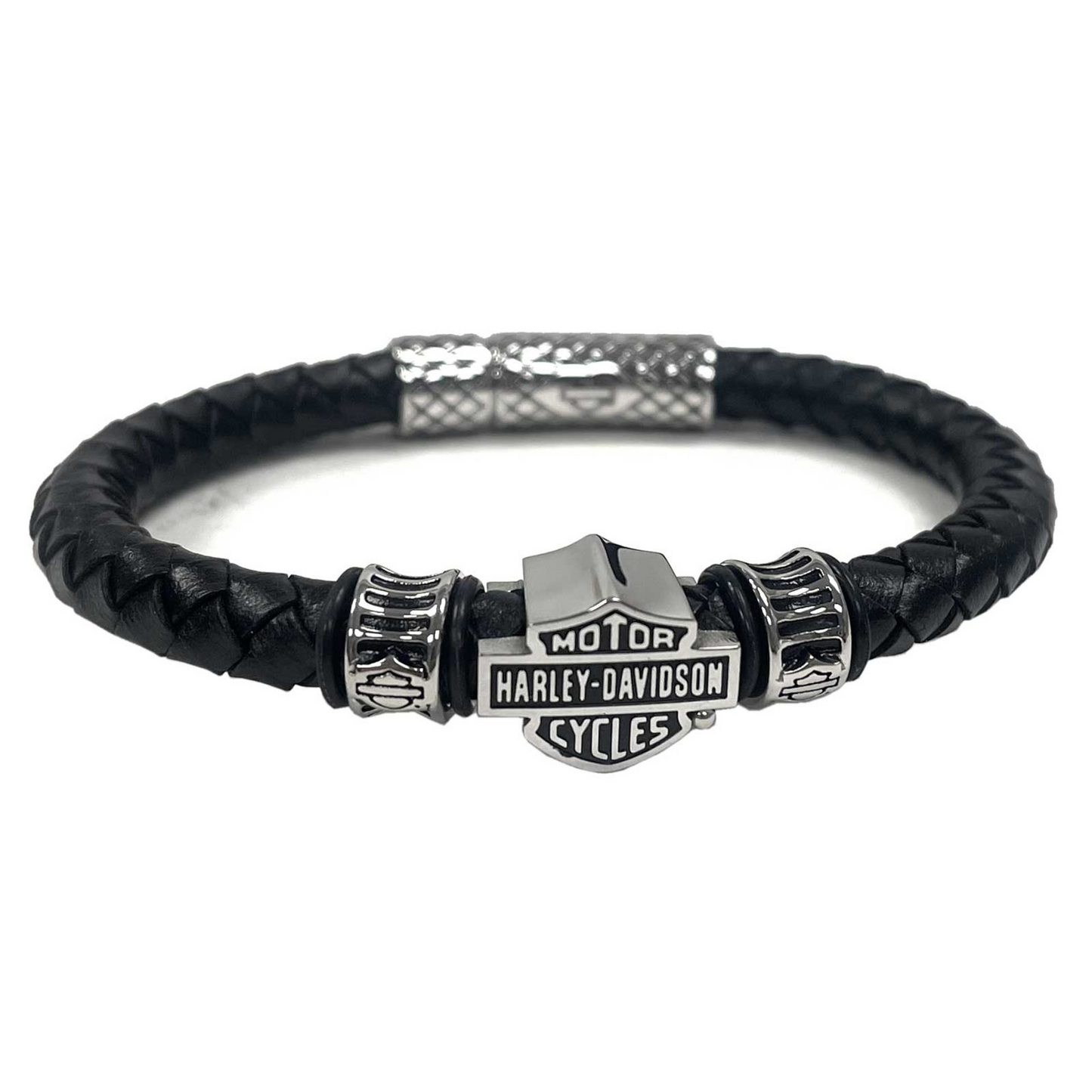 Harley-Davidson® Men's 9 in. Bar & Shield Logo Braided Leather Bracelet - Black