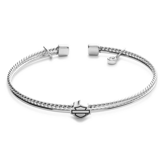 Harley-Davidson® Women's Bar & Shield Crystal Charm Cuff Bracelet - Steel