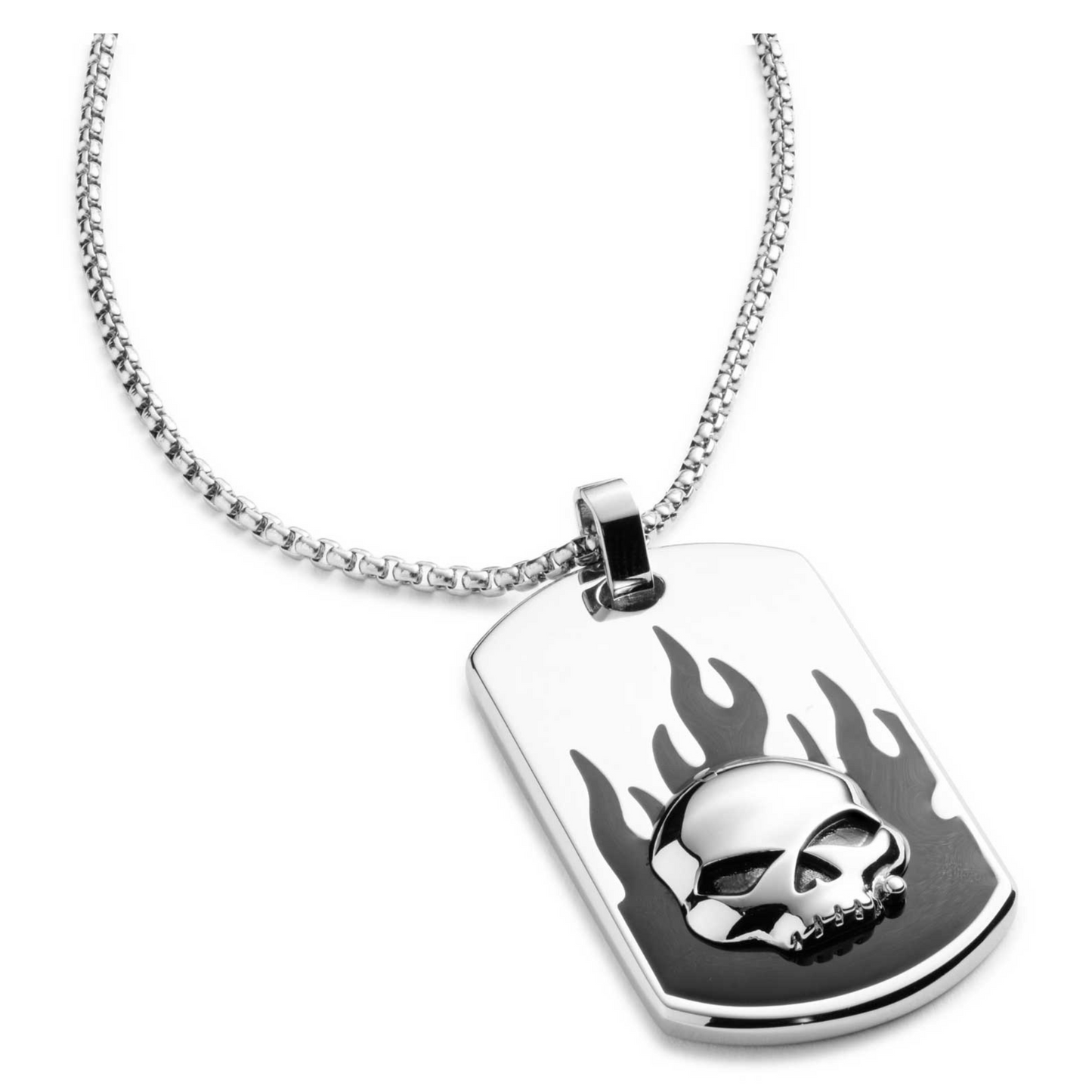 Harley-Davidson® Men's 26 in. Willie G Skull Flames Dog Tag Necklace - Steel