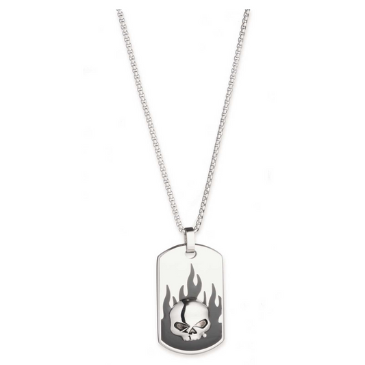 Harley-Davidson® Men's 26 in. Willie G Skull Flames Dog Tag Necklace - Steel