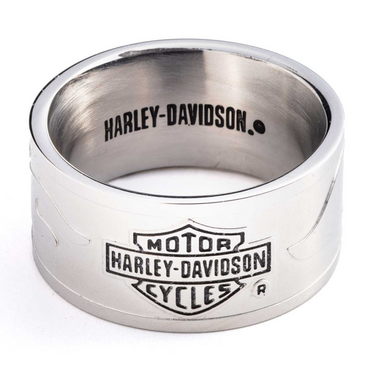 Harley-Davidson® Men's Bar & Shield Raised Flame Band Ring - Stainless Steel