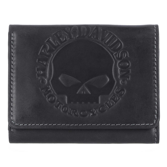 Harley-Davidson® Men's Willie G Skull Snap Tri-Fold Leather Wallet - Black