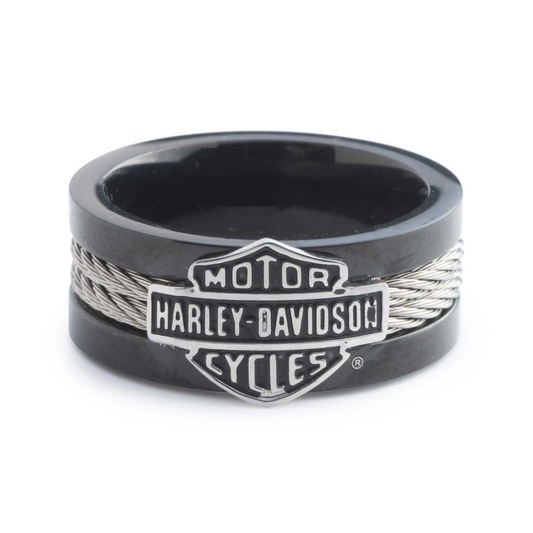 Harley-Davidson® Men's Bar & Shield Steel Cable Band Ring - Black Stainless Steel