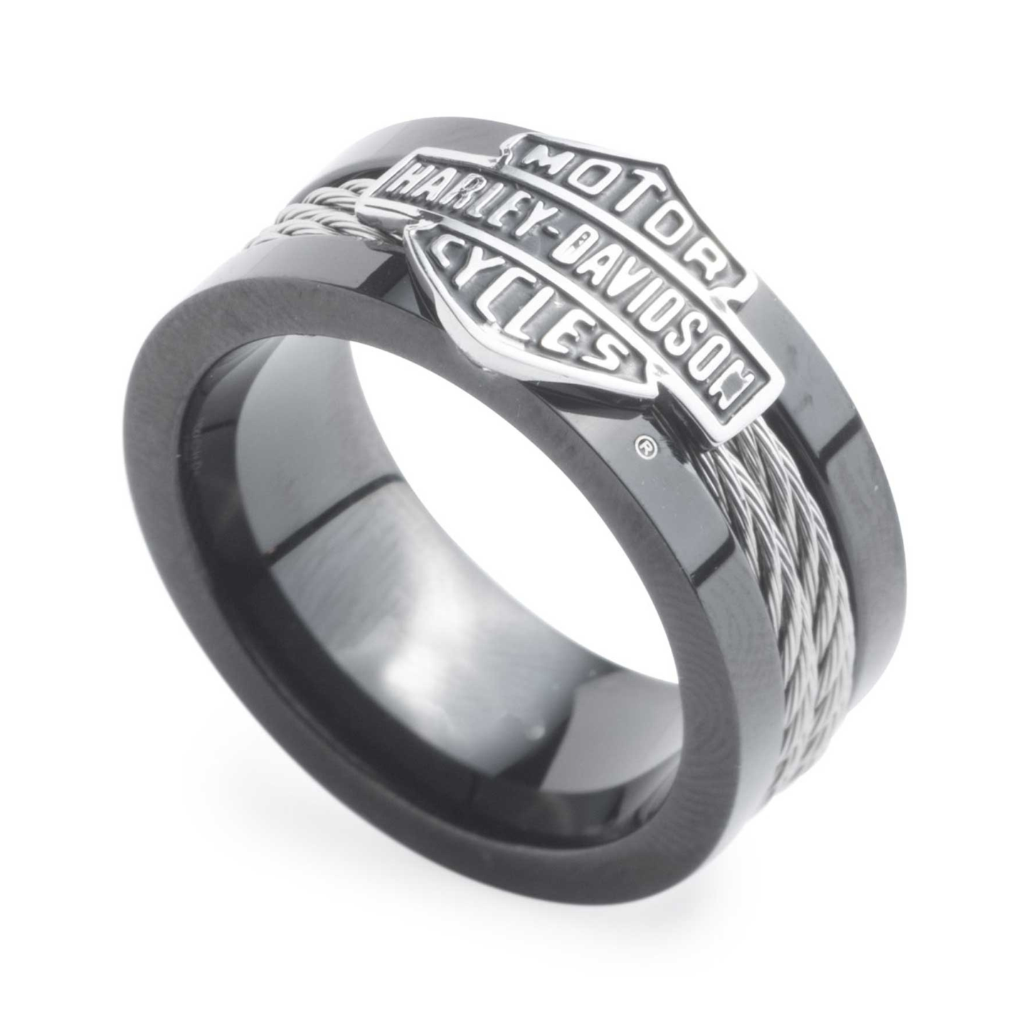 Harley-Davidson® Men's Bar & Shield Steel Cable Band Ring - Black Stainless Steel