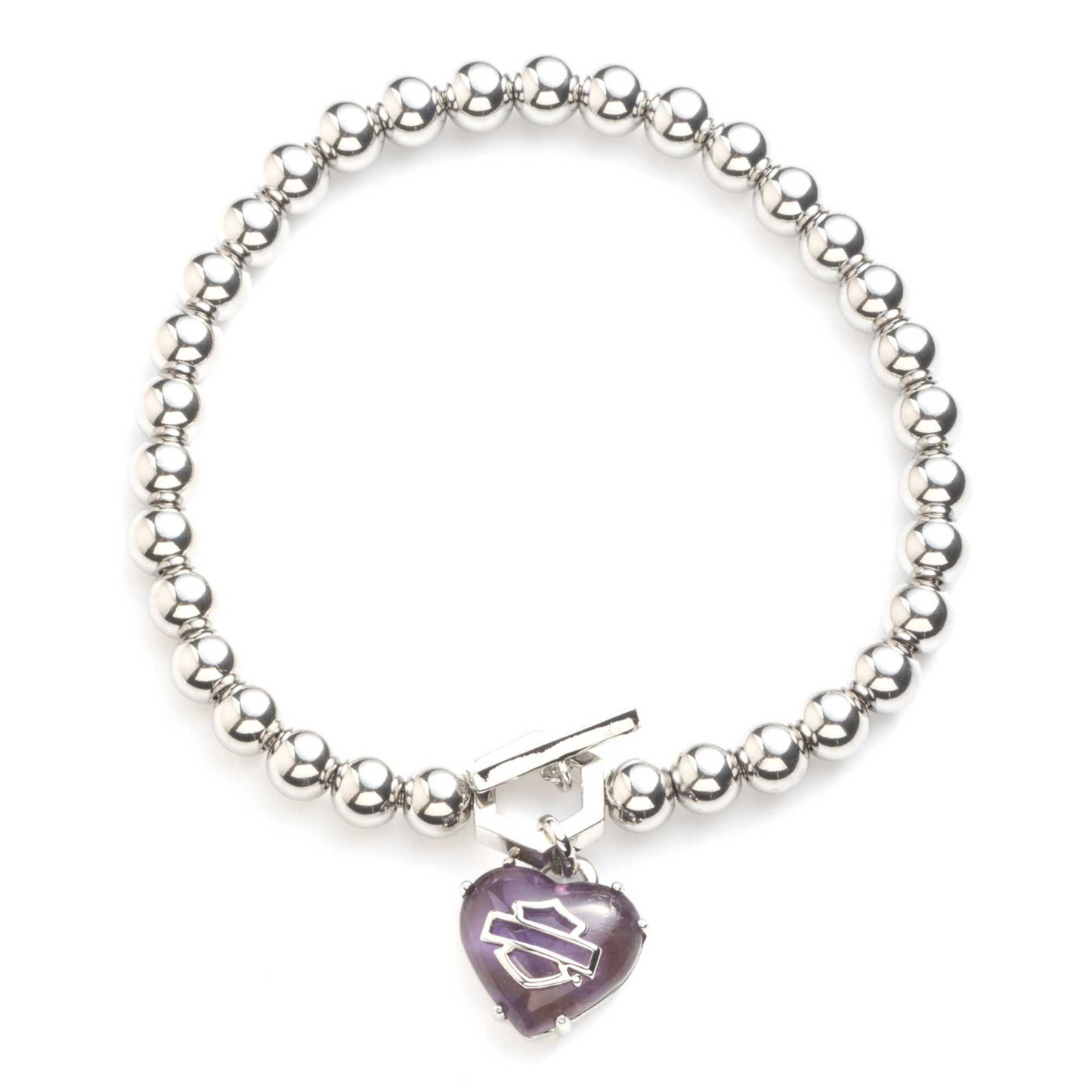 Harley-Davidson® Women's Amethyst Bar & Shield Heart Stretch Bracelet - Silver