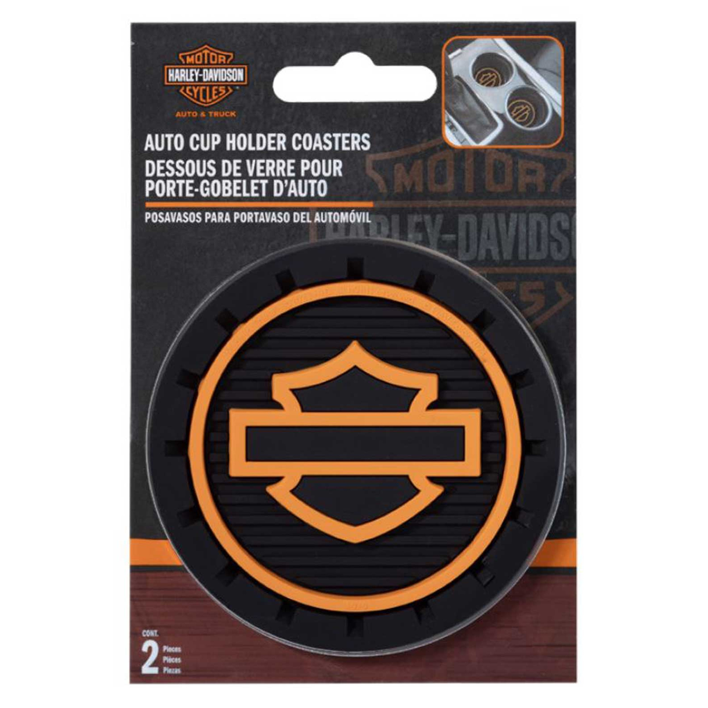 Harley-Davidson® Silhouette Bar & Shield Logo Car Coasters - Orange/Black