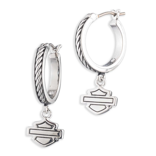 Harley-Davidson® Women's Bar & Shield Mini Charms Drop Hoop Earrings - Silver